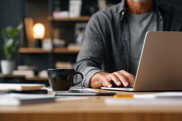 A man is typing on a laptop while holding a black coffee mug