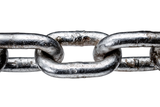 Metal chain link macro shot symbolic or mechanical concept isolated on transparent background 