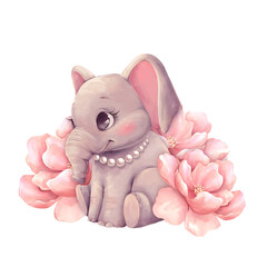 Adorable Baby Elephant with Pink Flowers and Pearl Necklace , hand-drawn illustration