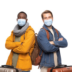 Two young travelers with neck pillows and bags smiling confidently isolated on transparent background (3)