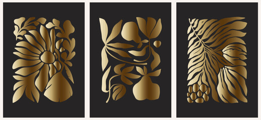 Abstract groovy posters flowers in gold tones. Modern trendy Minimal style. Hand drawn design for wallpaper, wall decor, print, postcard, cover, template, banner.