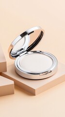 Open Compact Powder with Silver Rim on Beige Background