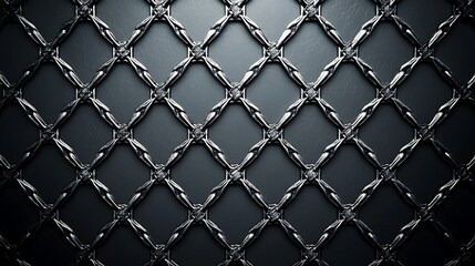 Fototapeta premium Close-up image of a metallic chain link fence with sharp barbed wire details against a dark, textured background.