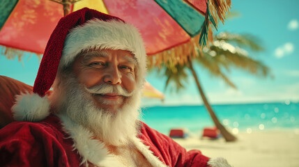 Christmas Santa Claus relaxing on tropical beach under colorful umbrella with palm trees and turquoise sea in sunny background. Unusual holiday vacation.