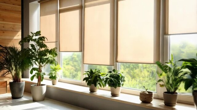 Bright indoor scene featuring plants on a windowsill with roller blinds filtering sunlight into a room with a wood panel accent wall.