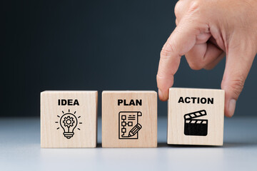 Wooden blocks showing idea, plan, and action with icons, representing workflow, creativity, and...