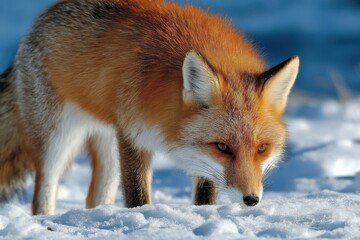 Obraz premium A red fox explores the white snow, its vibrant fur contrasting with the cold landscape during early morning light