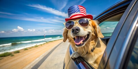 Happy golden retriever dog wearing sunglasses and american flag hat in car by the ocean
