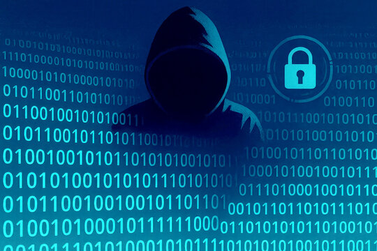 Anonymous hooded figure with binary code and lock symbol hacker cyber security