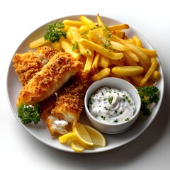 Crispy Fried Fish Tenders with Golden French Fries and Creamy Dipping Sauce on a Plate