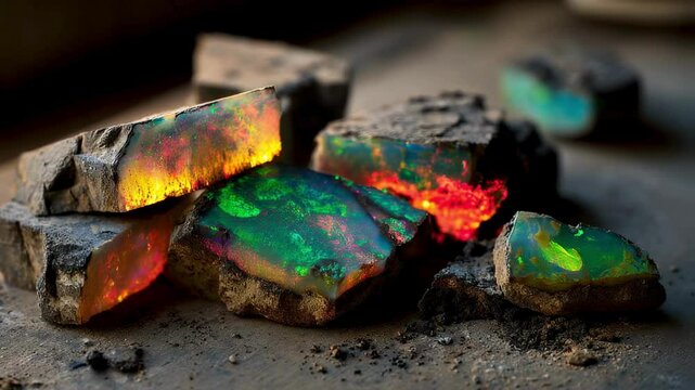 Raw Opal Gemstones, Vibrant Iridescent Colors, Rough Opal, Mining, Geology