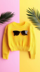 Yellow Flatlay Featuring Knit Sweater Sunglasses and Palm Leaf