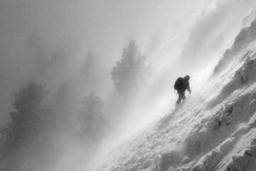 A brave climber ascends a steep, snowy slope amidst swirling snow and wind, navigating the challenging winter conditions
