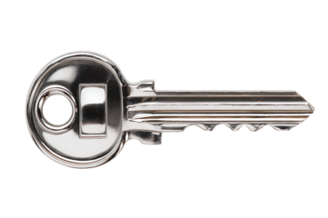 Single key close-up view ridged cut pattern visible chrome shine isolated on transparent background 