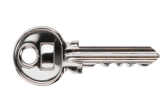 Single key close-up view ridged cut pattern visible chrome shine isolated on transparent background 