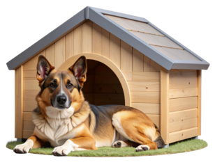  Serene Australian Shepherd Resting with Head on Paws Beside Geometric Doghouse Transparent Background PNG