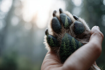 Human hand cradling wild animal paw whose pads transform into tiny evergreen forests, symbolizing wildlife and forest protection