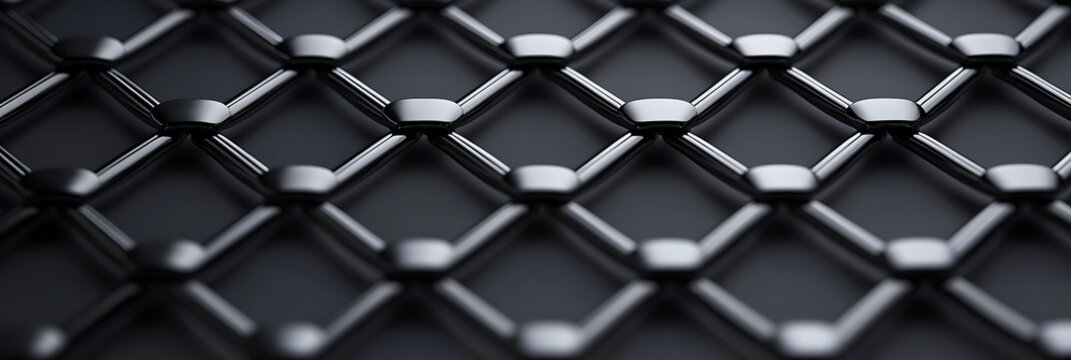 Close-up of a metallic lattice grid with hexagonal patterns, showcasing industrial design and texture in a sleek, dark environment.