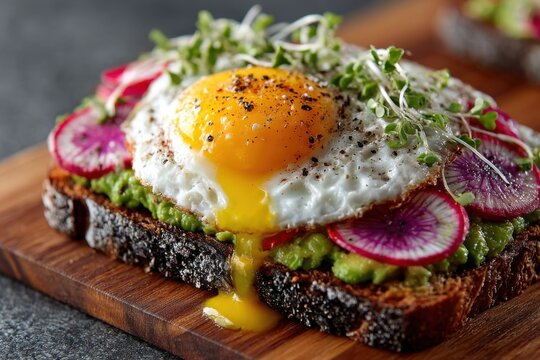 Tasteful creation of avocado toast garnished with a runny egg, radish, and microgreens on a rustic wooden surface