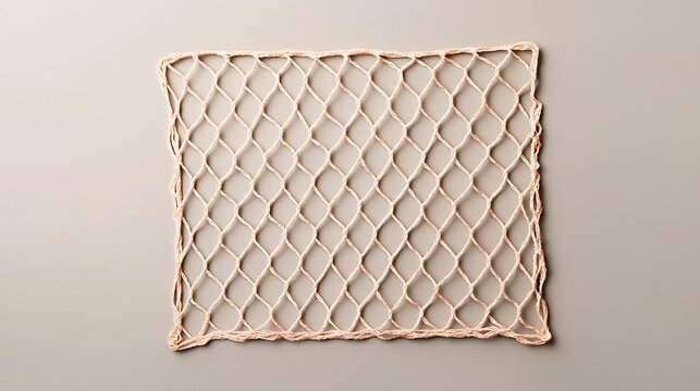 A rectangular beige rope net with diamond-shaped holes is laid flat on a neutral background.