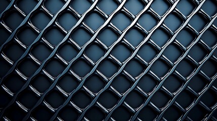 Fototapeta premium Close-up of a dark metallic chain-link fence with a diamond pattern, showcasing texture, shadows, and reflective surfaces.