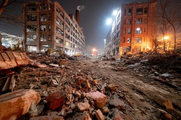 Abandoned factory structures stand silhouetted against night lights, while debris and rubble cover the ground, highlighting urban decay