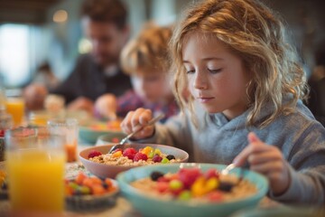 A young girl with curly hair focuses on her bowl of mixed fruit and cereal, surrounded by family enjoying breakfast together