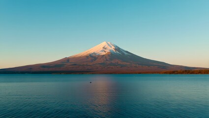 Fototapeta premium Serene Sunrise: Snow-capped Volcanic Peak Reflected in Calm Lake Waters