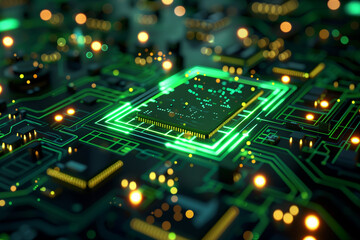 Obraz premium Microchip with glowing energy lines. Clean and smart eco technology.