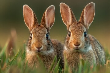 Two rabbits sit closely together in a grassy field, their ears perked up, enjoying the peacefulness of the late afternoon