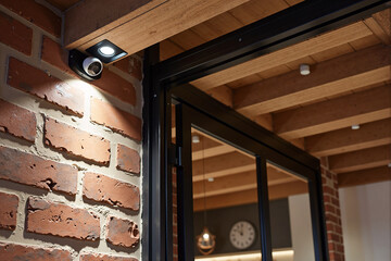 Modern white outdoor security camera with integrated lighting installed on a rustic brick wall under a wooden ceiling, providing surveillance, safety for a contemporary home with loft style