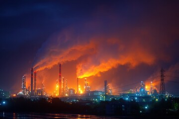 Bright lights and smoke billow from refineries at night, creating a striking view of industrial activity against the urban skyline