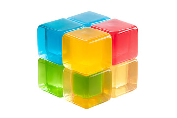 Translucent colorful gelatin cubes are assembled into a small block isolated on a transparent background for commercial.