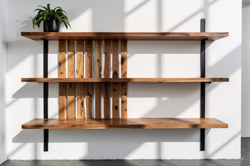 Elegant and minimalist wall-mounted shelving unit featuring natural wood planks and a sleek black metal frame against a clean white wall, showcasing modern interior design, home decor