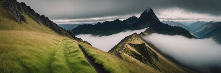 Hiking trail winding through majestic mountain peaks under cloudy sky