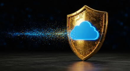 
"Golden Shield Protecting Blue Cloud Computing Symbol with Data Stream