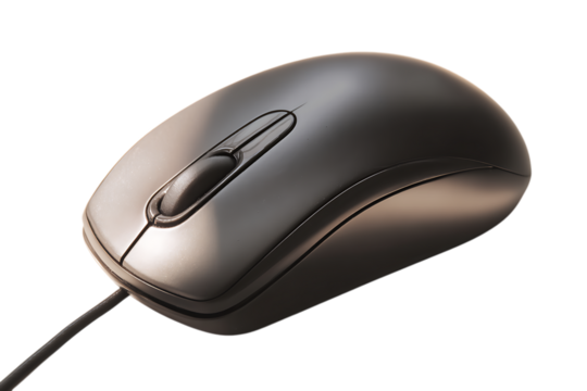 Wired mouse basic ergonomic shape tech accessory close-up shadowed from single light isolated on transparent background 
