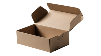 Cardboard box mockup with open lid soft neutral lighting isolated on transparent background 