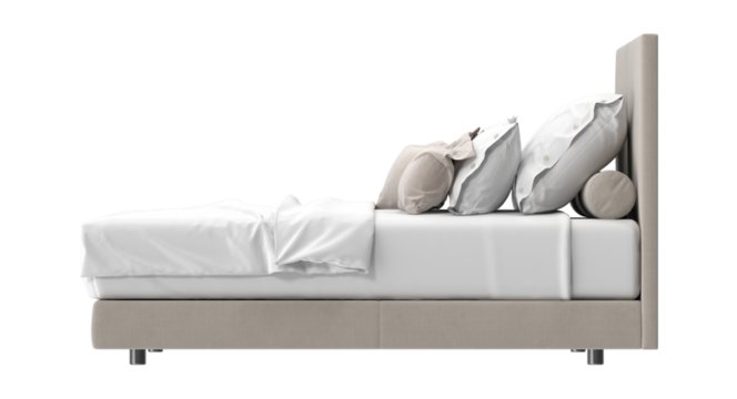 A cozy and modern bed with clean, minimalist design. It features a headboard and multiple pillows and bedding.