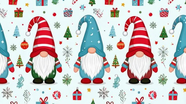 Festive pattern of stylized gnomes with Christmas ornaments, trees, and gift boxes against a pastel blue background