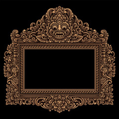 Balinese Carving with barong Face and Floral Ornaments frame vector