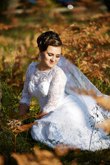 A woman in a white wedding dress is sitting in a field of grass