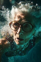 vivid portrait of funny grandmother diving into the water with glasses, active vacation