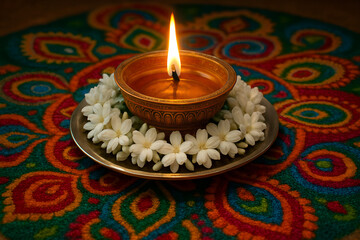 Traditional Diya Lamp with Jasmine Flowers on Colorful Rangoli for Diwali Celebration