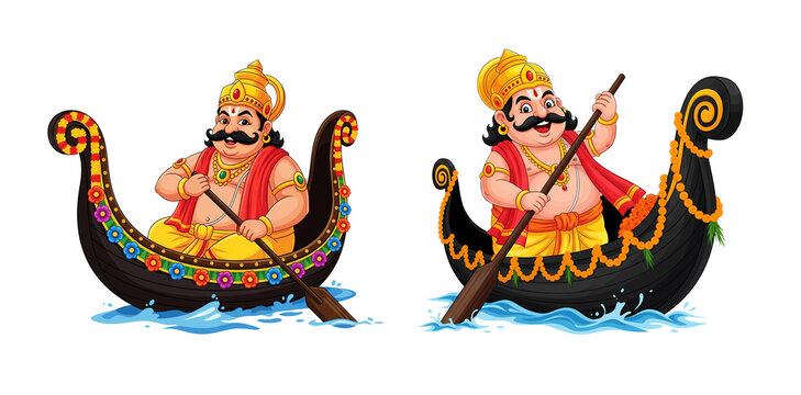 Cartoon king mahabali rowing decorated kerala snake boats - onam festival illustration, isolated on transparent background 