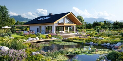 Naklejka premium A house with a pond and a patio