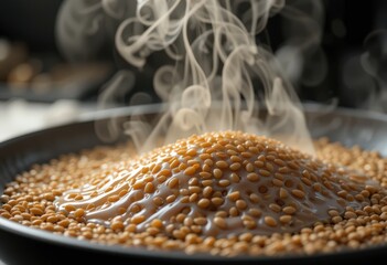Steaming hot soybeans with creamy sauce on black plate, close-up view.
