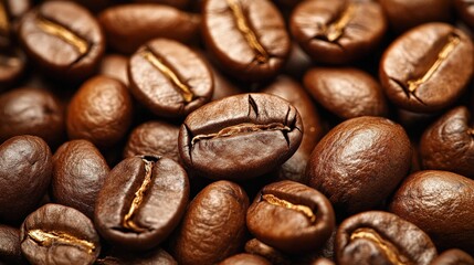 Fototapeta premium Close-up image of roasted coffee beans with rich brown color and textured surface.