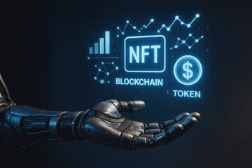 Fintech innovation concept with robotic hand showing blockchain token and nft digital currency symbol in futuristic style