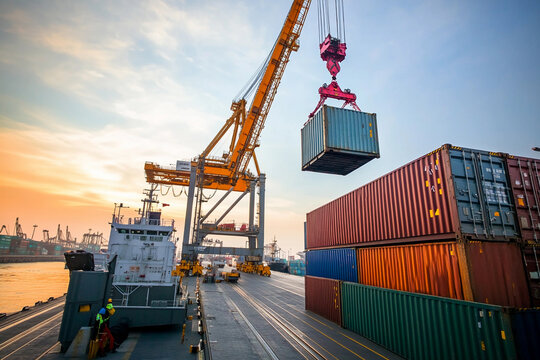 Crane lifts cargo containers at bustling port during sunset Generative AI